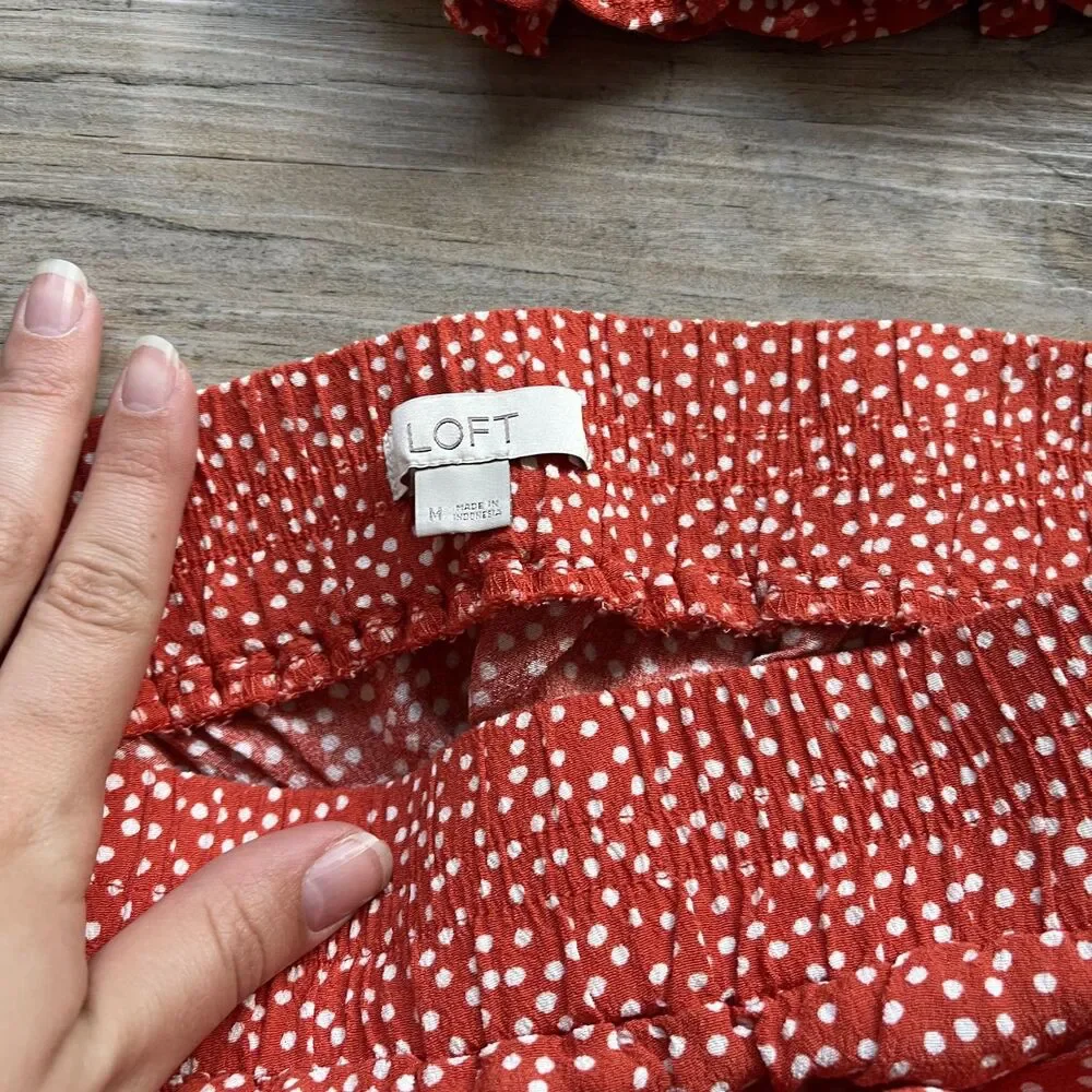 LOFT Puff Sleeve Dotted Smocked Top and Skirt SET Medium Red Orange White
